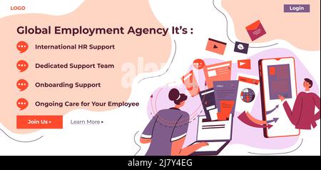 Internationale HR-Unterstützung und -Hilfe, kontinuierliche Betreuung Ihrer Beschäftigung. Agentur, die bei arbeitsbezogenen Problemen und Problemen hilft. Temperatur der Landing-Page-Website Stock Vektor