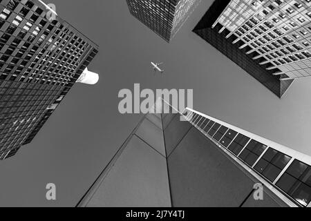 Flugzeug fliegt im monochromen Fotostil durch die europäische Innenstadt. Flugzeug fliegt über Hochhäuser in Frankfurt. Beeindruckende Stadtlandschaft Stockfoto