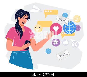 Social-Media-Management und Internet-Marketing-Strategiekonzept. SMM Social Media Manager oder Influencer, der Inhalte erstellt, flache Vektordarstellung iso Stock Vektor