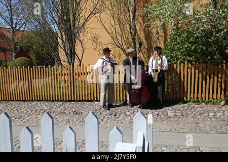Straßenmusiker während des Gartenmarktes "Jättegrönt" am Sonntag in der Altstadt von Linköping (auf schwedisch: Gamla Linköping), Linköping, Schweden. Stockfoto