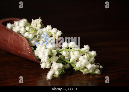 Blühende Maiglöckchen und Vergiss-mich-nicht. Glückwunschkarte zum Geburtstag. Bouquet von Lilien des Tals und Forget-Me-Not auf Holzhintergrund. Stockfoto