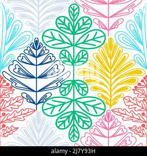 Ein nahtloses Muster aus Pflanzenelementen, ein handgezeichneter Doodle. Fantasieblätter verschiedener Pflanzen. Geometrie. Vektorgrafik Stock Vektor