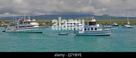 Boote in Academy Bay, Puerto Isidro Ayora, Santa Cruz Island, Galapagos, Ecuador Stockfoto