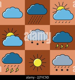 Symbole mit Wetterinformationen. 9 Wettersymbole in flacher Ausführung. Stock Vektor