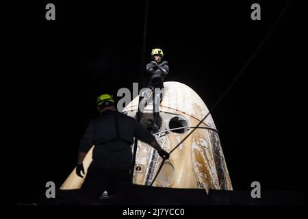 Die Raumsonde SpaceX Crew Dragon Endurance wird von Tauchern gesichert, bevor sie an Bord des SpaceX Shannon-Rückgewinnungsschiffs nach dem Spritzwasser im Golf von Mexiko am 6. Mai 2022 vor der Küste von Tampa, Florida, gehoben wird. Die Kapsel trug die NASA SpaceX Crew-4 Astronauten Raja Chari, Kayla Barron, Tom Marshburn und ESA-Astronaut Matthias Maurer von 177 Tagen an Bord der Internationalen Raumstation zur Erde zurück. Stockfoto