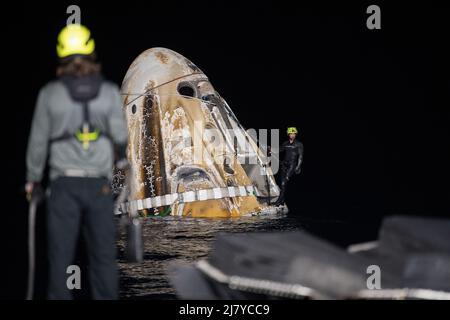 Die Raumsonde SpaceX Crew Dragon Endurance wird von Tauchern gesichert, bevor sie an Bord des SpaceX Shannon-Rückgewinnungsschiffs nach dem Spritzwasser im Golf von Mexiko am 6. Mai 2022 vor der Küste von Tampa, Florida, gehoben wird. Die Kapsel trug die NASA SpaceX Crew-4 Astronauten Raja Chari, Kayla Barron, Tom Marshburn und ESA-Astronaut Matthias Maurer von 177 Tagen an Bord der Internationalen Raumstation zur Erde zurück. Stockfoto