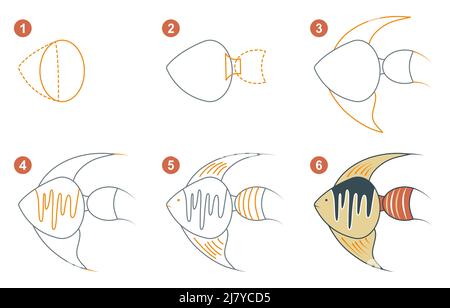 Anweisungen zum Zeichnen von Angelfischen. Schritt für Schritt. Stock Vektor