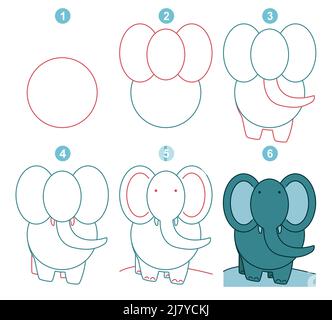 Anweisungen zum Zeichnen von Elefanten. Schritt für Schritt. Stock Vektor