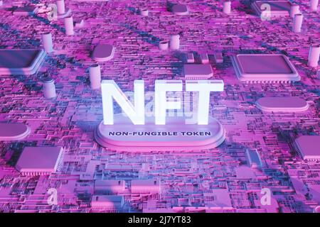 3D Illustration von glühenden NFT-Buchstaben, die in der Nähe einer nicht fungiblen Token-Beschriftung auf einer violetten Leiterplatte mit Mikrochips installiert sind Stockfoto