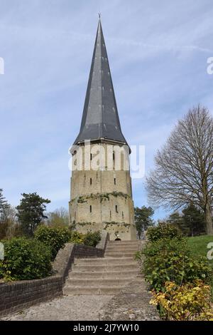 Blick auf die Tour Pointue der ehemaligen Benediktinerabtei St. Winnoc in Bergues, Nord, Frankreich, an einem sonnigen Frühlingstag. Der Turm ist jetzt Teil eines Publs Stockfoto