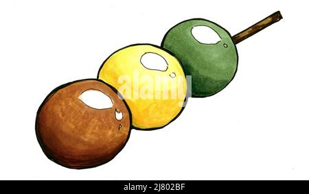 Zeichnung von japanischem Dessert-Dango auf einem Stock. Drei Dango-Kugeln liegen auf weißem Hintergrund Stockfoto