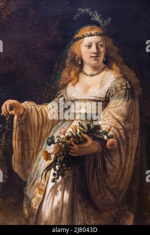 Gemälde mit dem Titel „Saskia van Uylenburgh in Arcadian Costume“ des niederländischen Künstlers Rembrandt aus dem Jahr 1635 Stockfoto