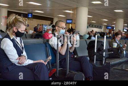 Flugbegleiter von American Airlines verwenden ihre Smartphones, während sie im Terminal des Phoenix Sky Harbor International Airport in Phoenix, Arizona, sitzen. Stockfoto