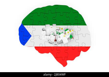 Äquatoguineanische Guinea-Flagge auf das Gehirn von Puzzles gemalt. Wissenschaftliche Forschung und Bildung in Äquatorialguinea Konzept, 3D Rendering isoliert auf Stockfoto