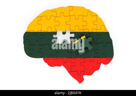 Litauische Flagge auf das Gehirn aus Puzzles gemalt. Wissenschaftliche Forschung und Bildung in Litauen Konzept, 3D Rendering isoliert auf weißem Hintergrund Stockfoto