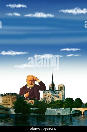 Victor Hugo Porträt mit Notre-Dame , Paris, Frankreich Stockfoto