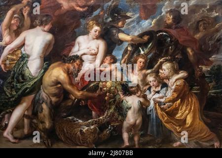 Gemälde mit dem Titel „Minerva schützt Pax vor dem Mars“ (Frieden und Krieg) des flämischen Künstlers Peter Paul Rubens aus dem Jahr 1629 Stockfoto