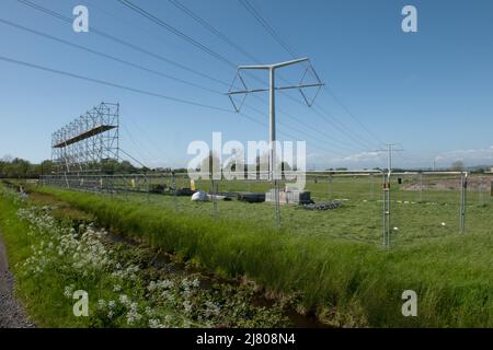 T pylons, die den Hinkley bilden, zeigen auf Avonmouth National Grid Link bei Mark, Somerset, England, Großbritannien Stockfoto