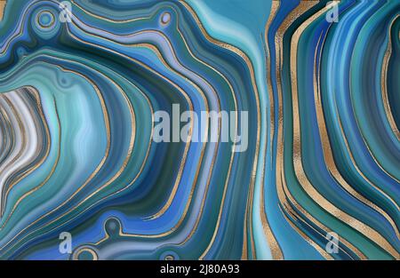 Abstrakt trendy blau grün Hintergrund Vorlage. Flüssiges, abstraktes Achat-Design aus Marmor mit goldfarbener Wellenstruktur. Cover, Einladung, Banner, Plakat, Broschüre, Poster, Karte, Flyer. Abbildung Stockfoto