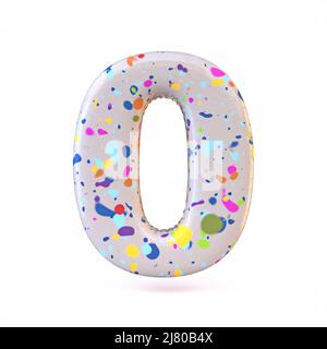 Bunte Terrazzo-Muster Schrift Nummer 0 NULL 3D Darstellung auf weißem Hintergrund isoliert rendern Stockfoto