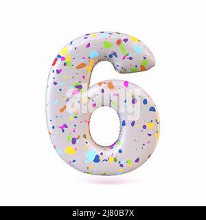 Bunte Terrazzo-Musterschrift Nummer 6 SECHS 3D Darstellung auf weißem Hintergrund isoliert rendern Stockfoto