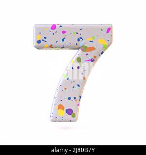 Farbenfrohe Terrazzo-Musterschrift Nummer 7 SEVEN 3D Darstellung auf weißem Hintergrund isoliert rendern Stockfoto