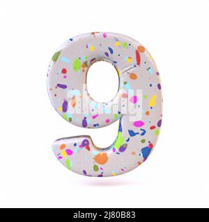Farbenfrohe Terrazzo-Musterschrift Nummer 9 NEUN 3D Darstellung auf weißem Hintergrund isoliert rendern Stockfoto