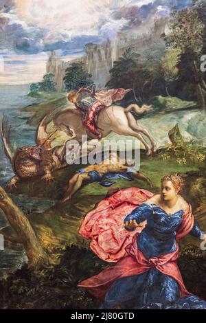 Gemälde mit dem Titel 'der Heilige Georg und der Drache' des italienischen Künstlers Jacopo Tintoretto datiert 1555 Stockfoto