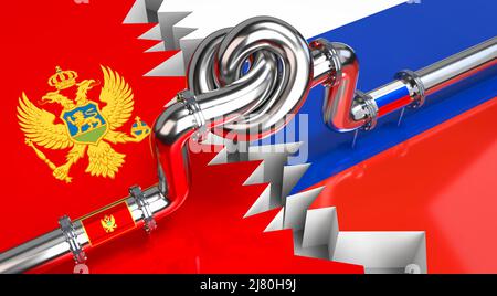 Kraftstoff-/ Gaspipeline mit Knoten, Flaggen von Montenegro und Russland - 3D Abbildung Stockfoto