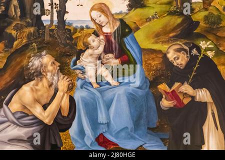 Gemälde mit dem Titel „die Jungfrau und das Kind mit den Heiligen Hieronymus und Dominikus“ des italienischen Künstlers Filippino Lippi aus dem Jahr 1485 Stockfoto