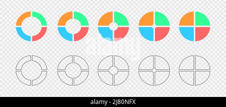 Donut-Diagramme. Satz von Infografik-Rädern in 4 mehrfarbigen und grafischen Abschnitten unterteilt. Kreisdiagramme oder Ladeleisten. Runde Formen, die in vier gleiche Teile geschnitten werden. Vektorgrafik flach und Umrissdarstellung Stock Vektor