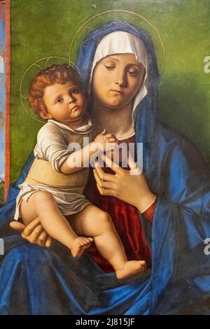 Gemälde mit dem Titel „die Jungfrau und das Kind“ des italienischen Künstlers Giovanni Bellini aus dem Jahr 1480 Stockfoto