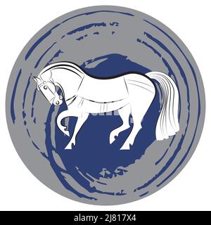Schwarz und weiß anmutig gesattelt stehende Pferd. Eleganter Mustang auf abstraktem Grau- und Blaupunkt-Hintergrund. Silhouette des Hengstes. Pferdesport-Übersicht. S Stock Vektor