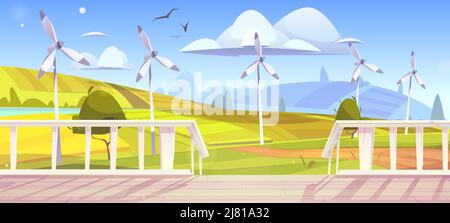 Ländliche Landschaft mit Windturbinen und weißer Holzhaus Veranda. Vektor-Cartoon-Illustration der Sommerlandschaft mit Windmühlen, Felder, Fluss, Straße und Terrasse mit Treppen und Balustrade Stock Vektor