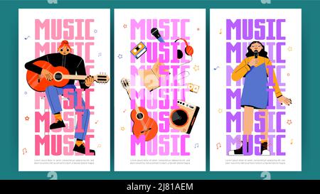 Musikplakate mit Sängerinnen und Musikerinnen mit Gitarre. Vector vertikale Banner mit flacher Illustration von Künstlerinnen mit Mikrofon und Instrument führen auf Konzert, Show oder Festival Stock Vektor