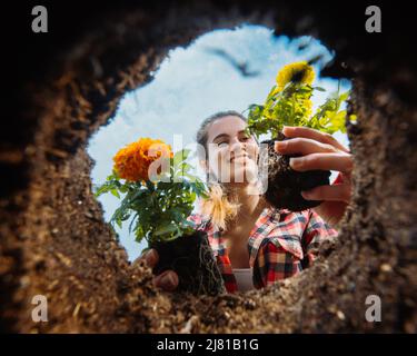 Junge Frau mit Blumen. Gartenarbeit. Ansicht von unten. Stockfoto