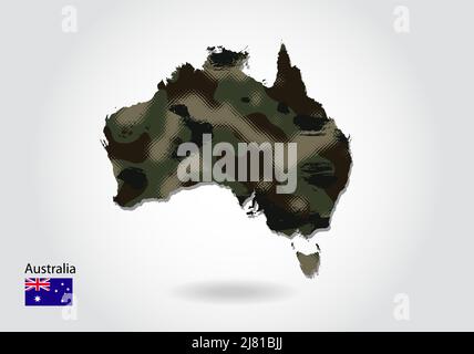 australien-Karte mit Tarnmuster, Wald / grüne Textur in der Karte. Militärisches Konzept für Armee, Soldat und Krieg. Wappen, Flagge. Stock Vektor