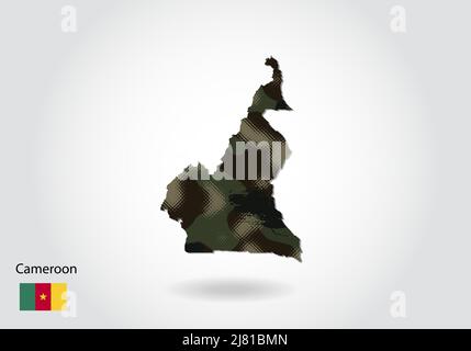 kamerun-Karte mit Tarnmuster, Wald - grüne Textur in der Karte. Militärisches Konzept für Armee, Soldat und Krieg. Wappen, Flagge. Stock Vektor