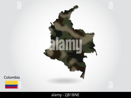kolumbien Karte mit Tarnmuster, Wald - grüne Textur in der Karte. Militärisches Konzept für Armee, Soldat und Krieg. Wappen, Flagge. Stock Vektor