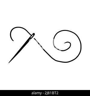 Schneidernadel mit Faden. Hand gezeichnete Doodle Skizze Stil Nähen Nadel Element. Handwerk, Stickwerkzeug für Textil, Nähwerkstatt Design. Vektorgrafik. Stock Vektor