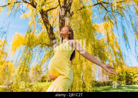 Glückliche Schwangere in der Natur mit offenen Armen für Nachhaltigkeit, Umwelt, umweltfreundliches Mutterschaftskonzept. Asiatische Mädchen leben eine gesunde Schwangerschaft Stockfoto