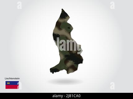 Liechtenstein Karte mit Tarnmuster, Wald - grüne Textur in der Karte. Militärisches Konzept für Armee, Soldat und Krieg. Wappen, Flagge. Stock Vektor