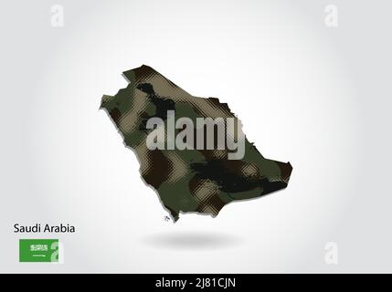 Saudi-Arabien Karte mit Tarnmuster, Wald - grüne Textur in der Karte. Militärisches Konzept für Armee, Soldat und Krieg. Wappen, Flagge. Stock Vektor