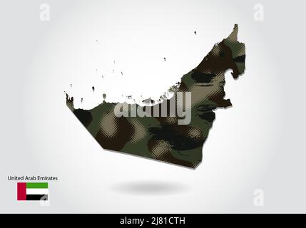 Vereinigte Arabische Emirate Karte mit Tarnmuster, Wald - grüne Textur in der Karte. Militärisches Konzept für Armee, Soldat und Krieg. Wappen, Flagge. Stock Vektor