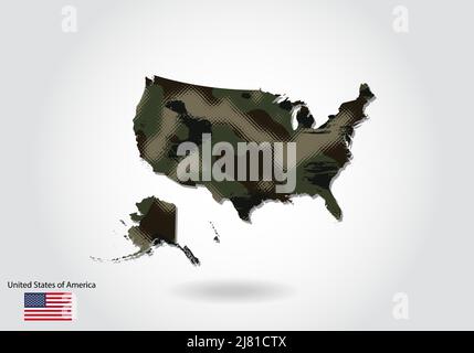 Karte der Vereinigten Staaten von amerika mit Tarnmuster, Wald - grüne Textur in der Karte. Militärisches Konzept für Armee, Soldat und Krieg. Wappen, Flagge. Stock Vektor