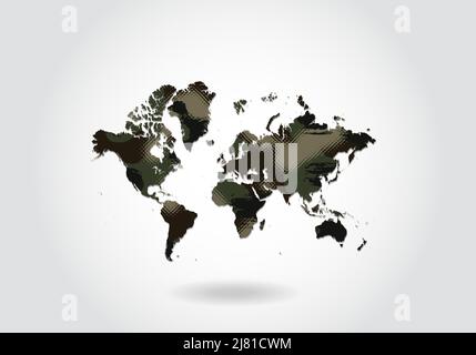 Weltkarte mit Camouflage-Muster, Wald - grüne Textur in der Karte. Militärisches Konzept für Armee, Soldat und Krieg. Wappen, Flagge. Stock Vektor