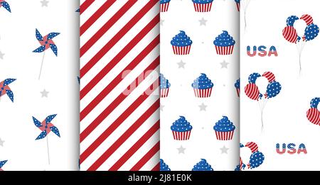 Unabhängigkeitstag der USA. Set aus nahtlosen Mustern mit festlichen Elementen. Hintergrund für den 4.. Juli. Nationaler Tag Der Freiheit. Vektor Stock Vektor