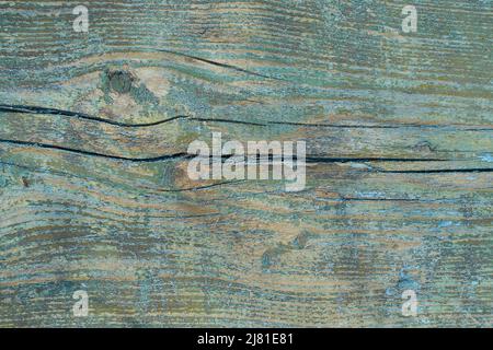 Der Hintergrund besteht aus alten blauen Holzbrettern mit vertikalen Rissen Stockfoto