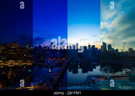 Eine Zeitrafferaufnahme der Bay Area am Darling Harbour in Sydney, Tag für Tag Stockfoto