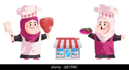 Frau Hijab Kochen muslimischen Koch Hut Metzger Fleisch roten Fleisch speichern Stock Vektor